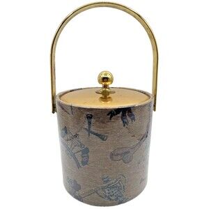 Vintage Kraftware Vinyl Ice Bucket with Gold Lid & Handle Golf Motif MCM Barware